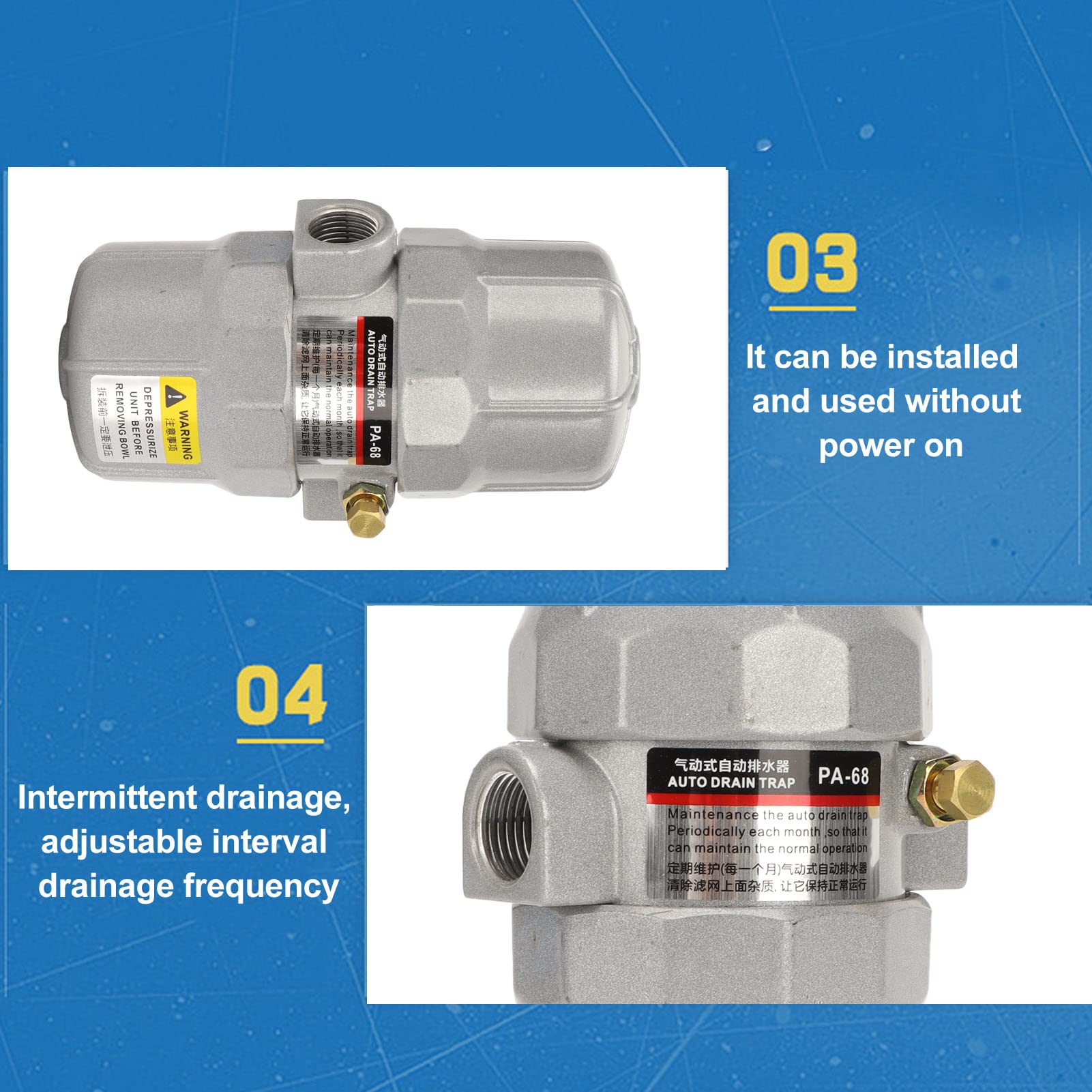 1/2 nella valvola di scarico automatica universale, interfaccia NPT, valvola di drenaggio del filtro pneumatico in lega di alluminio per sistemi di aria compressa, 0 a 16 bar