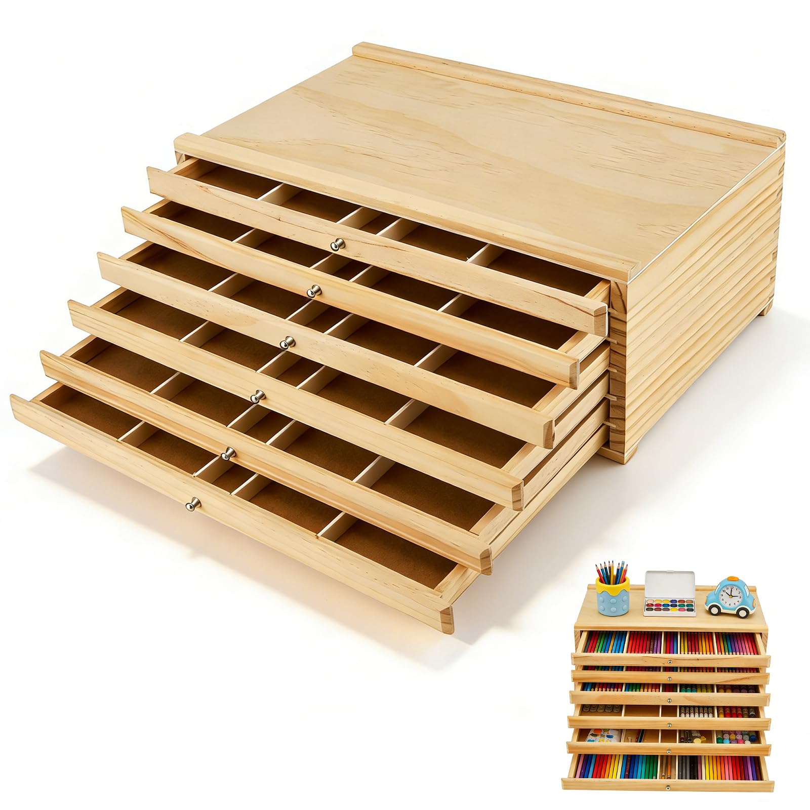 Bloc tiroir bois 6 cassettes pour pastels et crayons 40x25x15cm