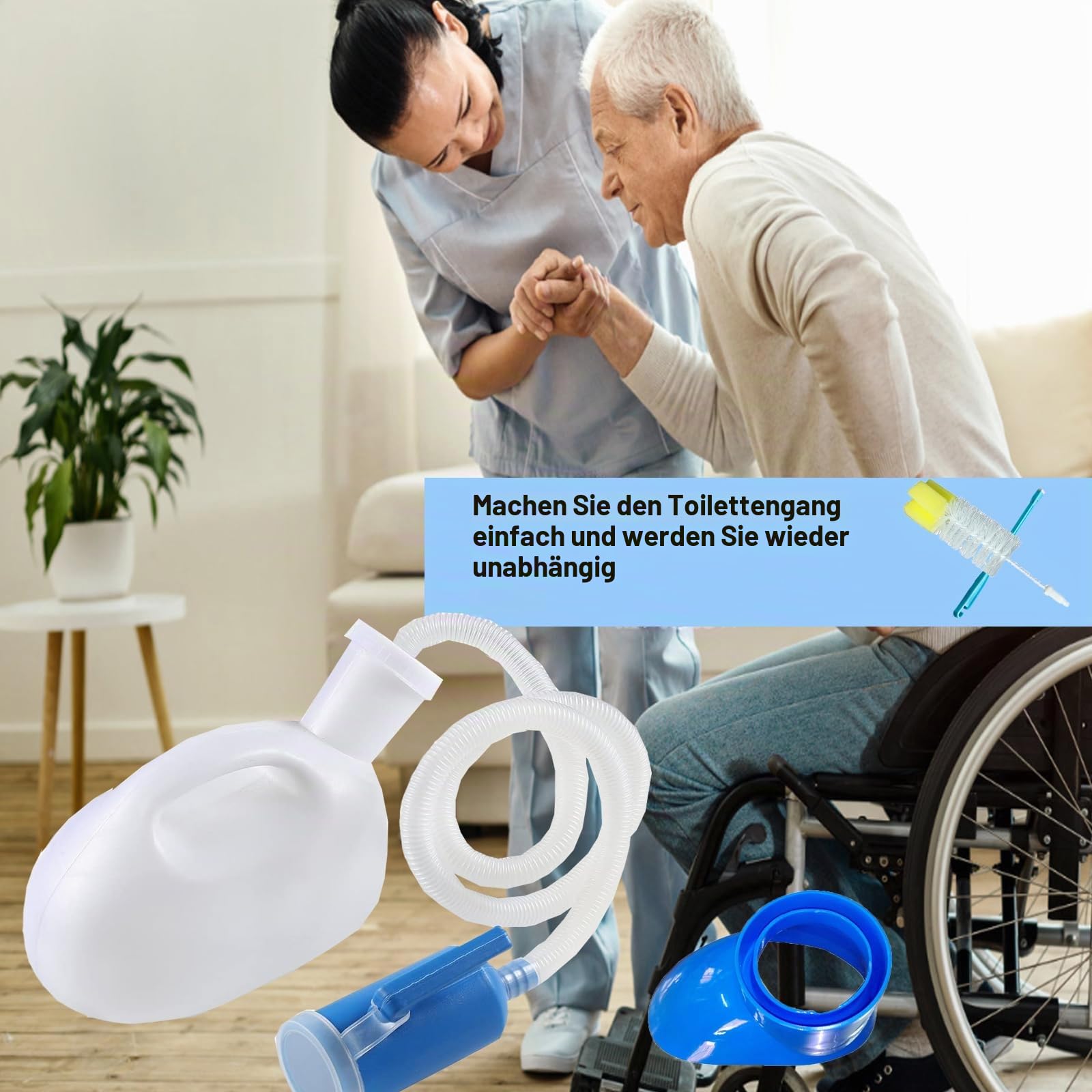 2000ML Urinflaschen Unisex mit Halterung, Auslaufsicherer Deckel und Schlauch, Tragbare Urinalflasche für Männer Frauen mit Reinigungsbürste für Behinderte, ältere, Auto, Camping, Weiß