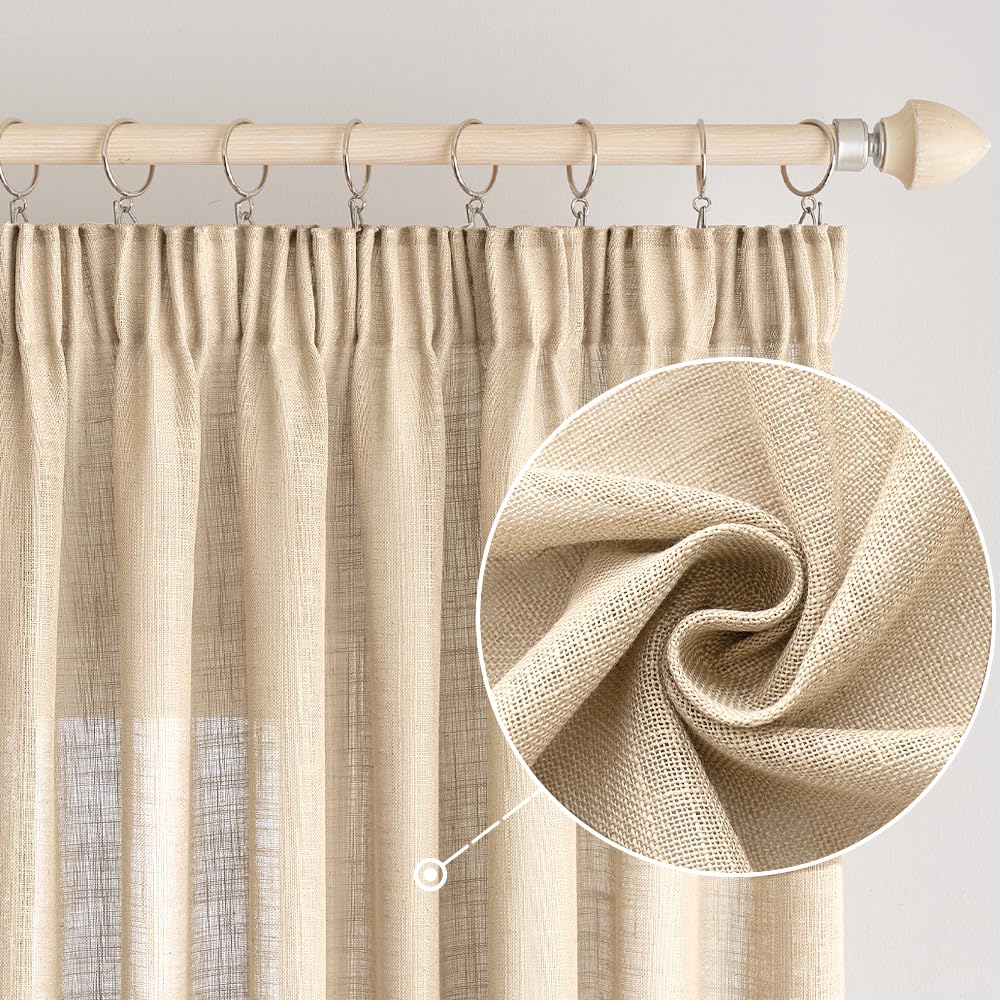 EMEMA Gardinen Vorhänge Leinenvorhang mit Kräuselband Voile Vorhang Leinenoptik Modern Halbtransparent für Wohnzimmer Dekoschal Küchengardinen Schlaufenschal Schlafzimmer Beige 140 x 260 cm