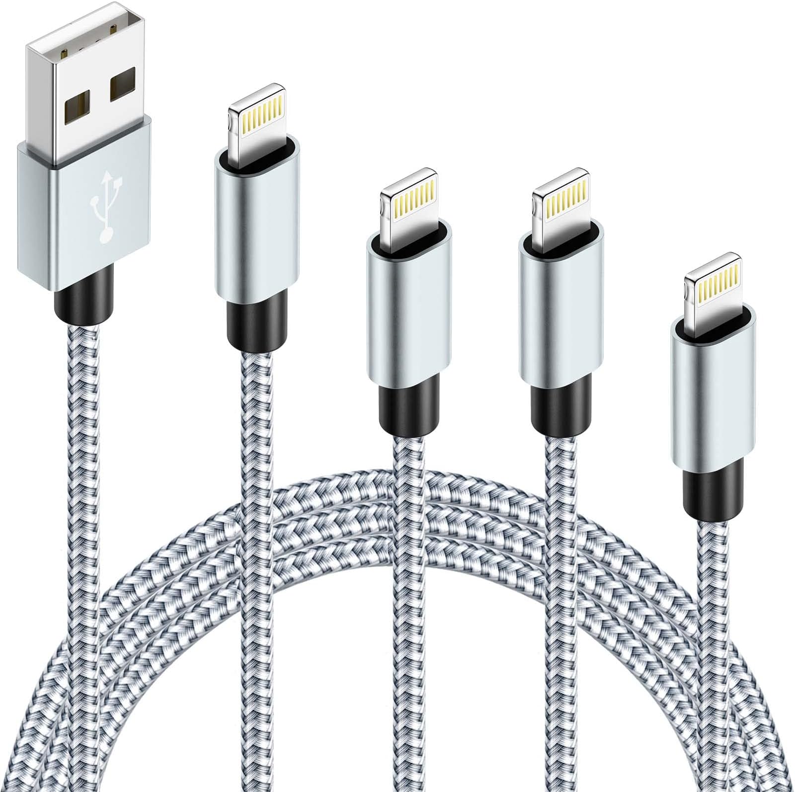 IDISON MFi Certified iPhone Charger 4 Pack (3/6/6/10ft) USB iPhone Charging Cable Nylon Braided Fast Charging Cord for iPhone/Pad (Grey+White)