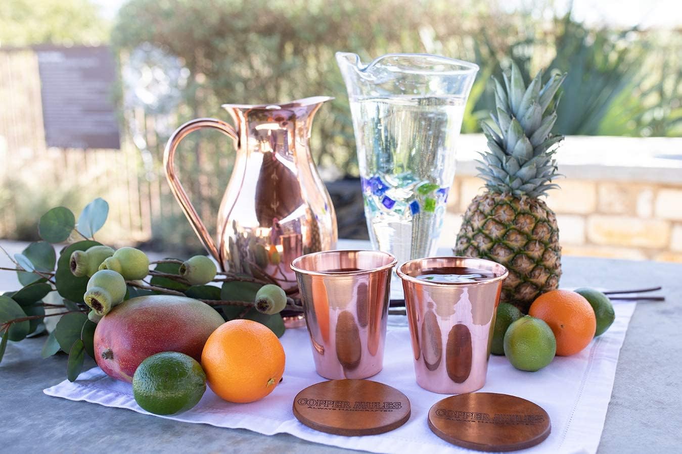 Pure Copper Pitcher (70 oz, 2 Liter) Handcrafted with Lid & Set of 2 Incredible Drinking Tumblers in Timeless Smooth Finish, Raw Interior for For Ayurveda Health
