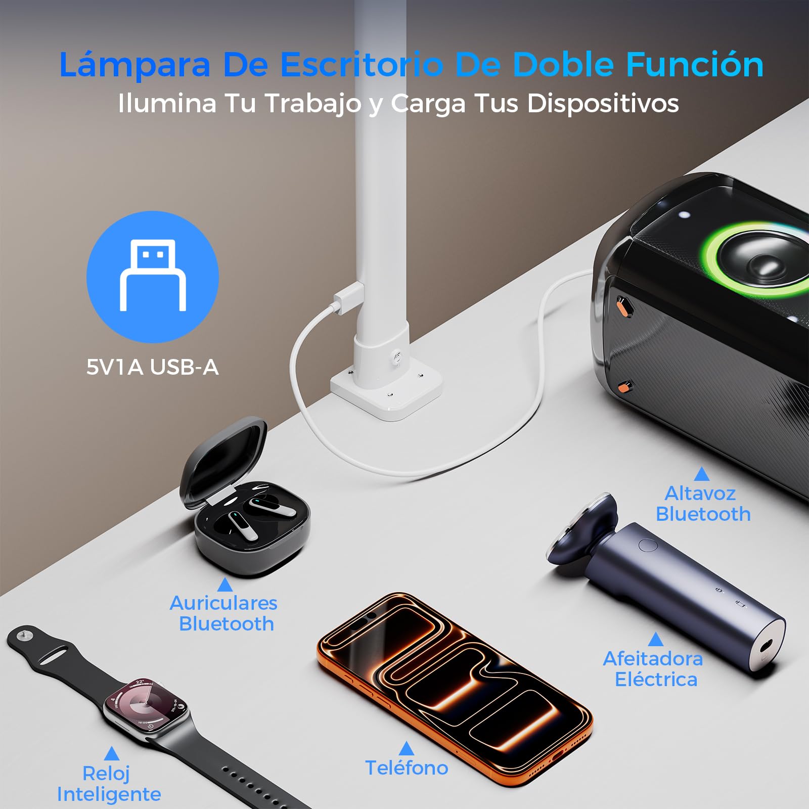 W01 Lampara de Escritorio de LED con Control Remoto - 24W 1400LM 80CM Flexo LED Escritorio con Pinza Luz Leer Puerto de carga USB para Estudiar, Oficina, Blanco