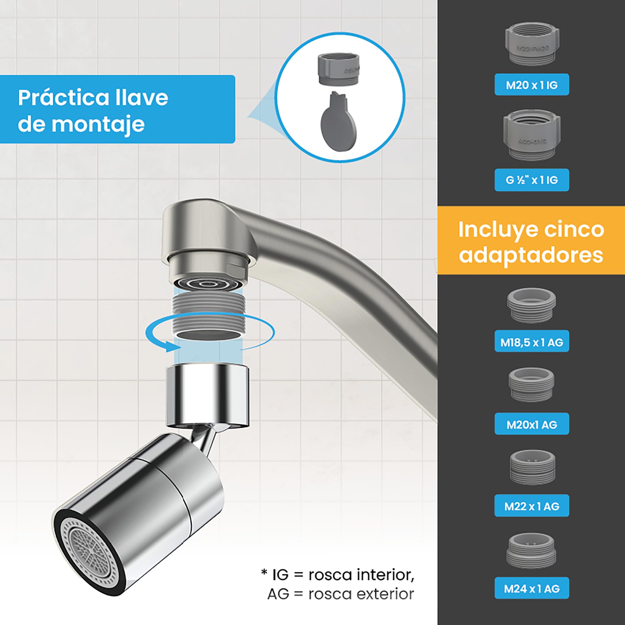 Bächlein Raccordo universale per rubinetto in acciaio inox spazzolato con aeratore girevole