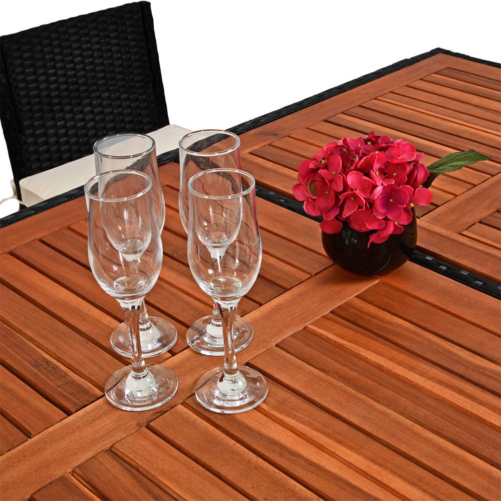 CASARIA Set de Mesa Alta y 6 Taburetes de Bar con Cojines de Asiento de Madera de Acacia Poliratán Negro Muebles de jardín