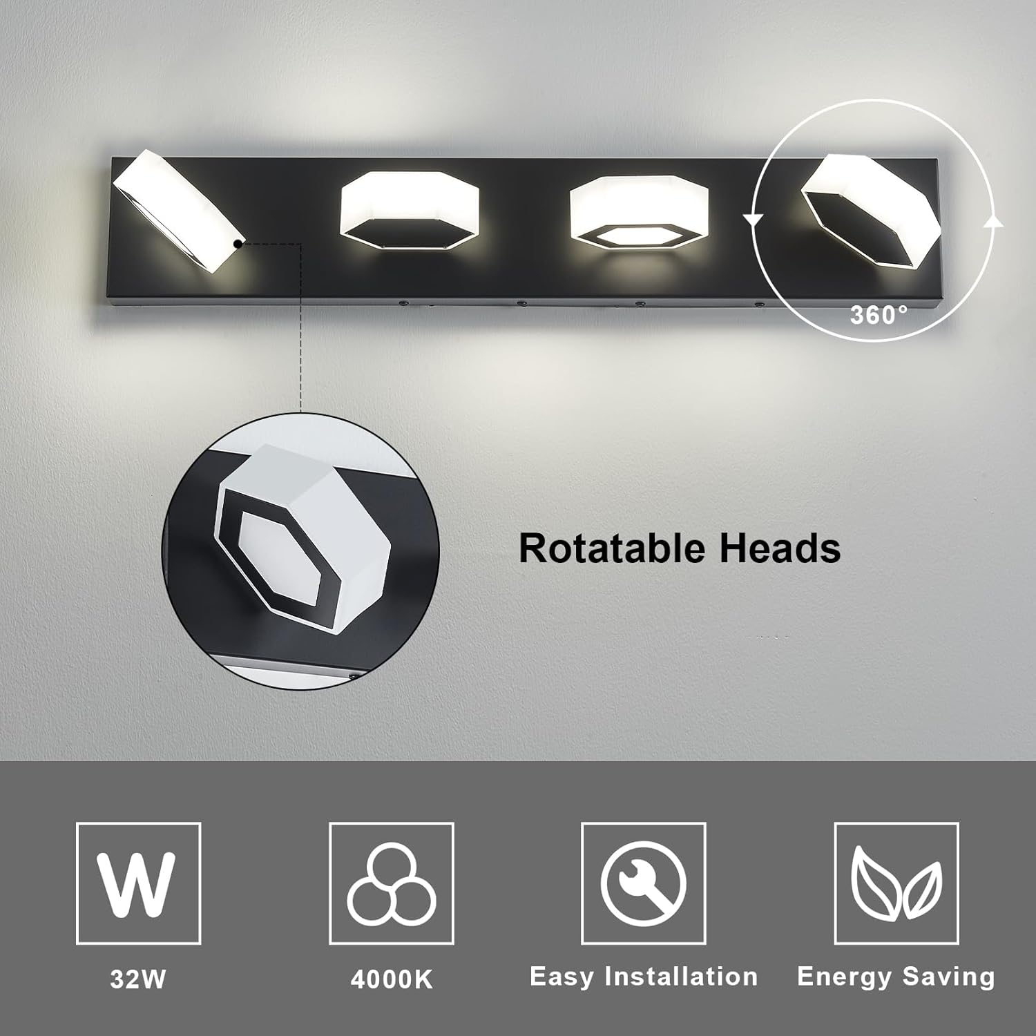 4-Light LED Bathroom Light Fixture Modern Black Vanity Light Over Mirror Acrylic Bathroom Wall Lighting 32W Brightness Dimmable 4000K 360°Rotable Head