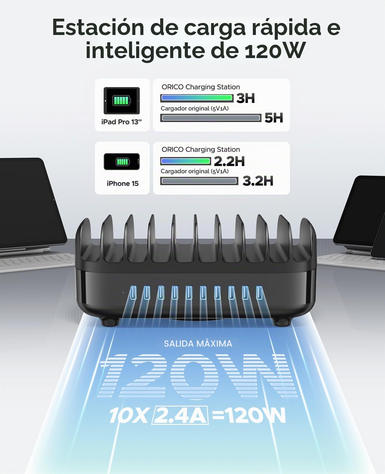 ORICO 120W Estación De Carga para Múltiples Dispositivos, 10 Puertos USB Estación De Carga con Ventilador De Refrigeración, Compatible con iPhone, iPads, Android y Tabletas, Negro