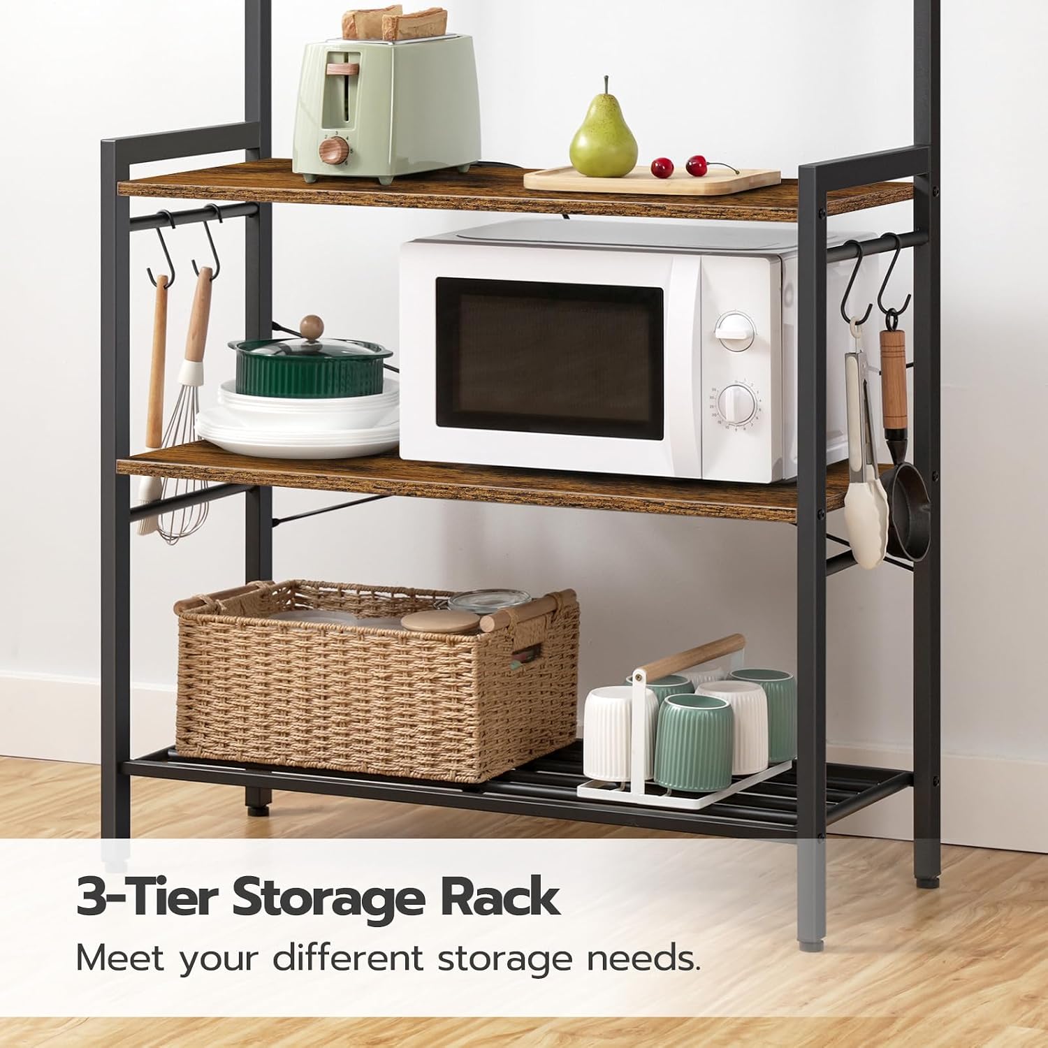 HOOBRO Bakers Rack, Microwave Stand, Kitchen Storage Shelf Rack with Hooks, Coffee Bar, 4 Shelves and Mesh Panel, Adjustable Feet, for Kitchen, Living Room, Coffee Station, Rustic Brown BF01HB01