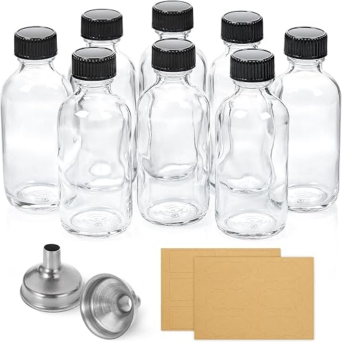 Paquete de 8, botellas pequeñas de vidrio transparente de 2 oz con tapa y 2 embudos - Botellas de 60 ml de muestra de Boston para salud, inmunidad,