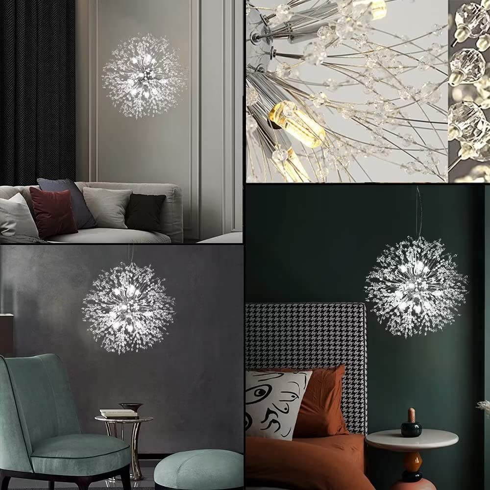 Lampadario di cristallo, dente di leone d'argento, lampadario a 9 luci con fuoco d'artificio per soggiorno, sala da pranzo, isola della cucina, lampadina G9 inclusa