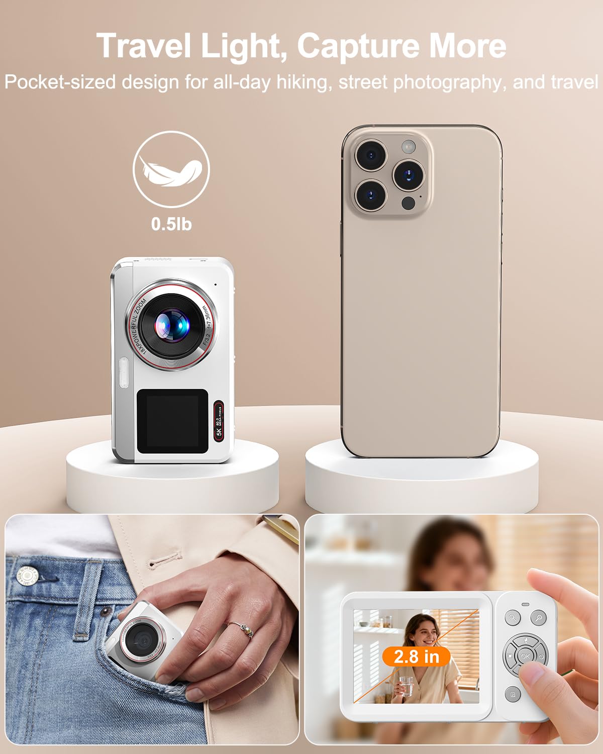 Fotocamera digitale 5K con messa a fuoco automatica, fotocamera da 80 MP per YouTube, fotocamera Vlogging a doppio schermo per viaggi, zoom 18x, fotocamera compatta per principianti e