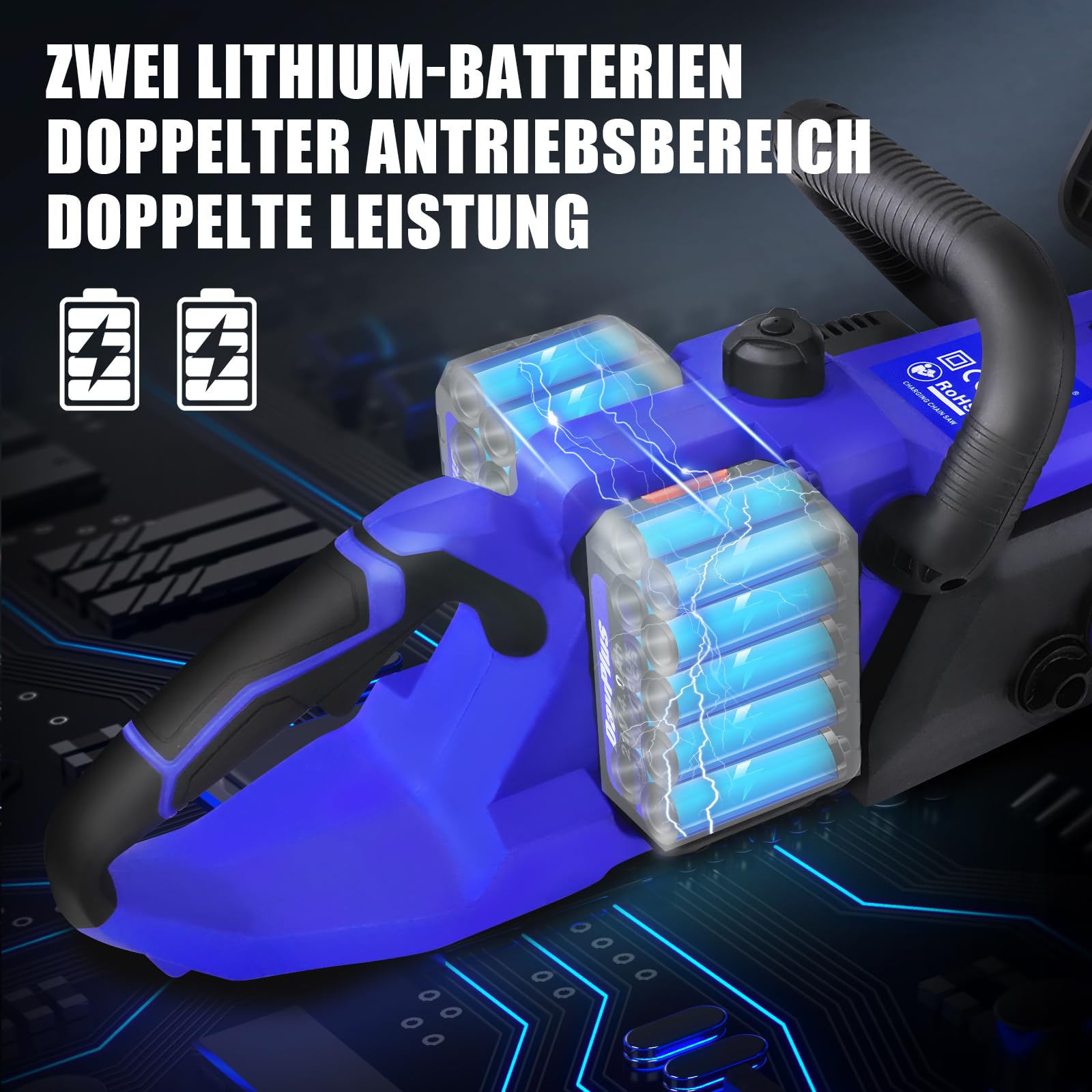 HSHa Motosierra de mano de 16 pulgadas, con 2 baterías de 4,0 Ah y cargador, lubricador automático y guía de cadena de 41 cm, color azul