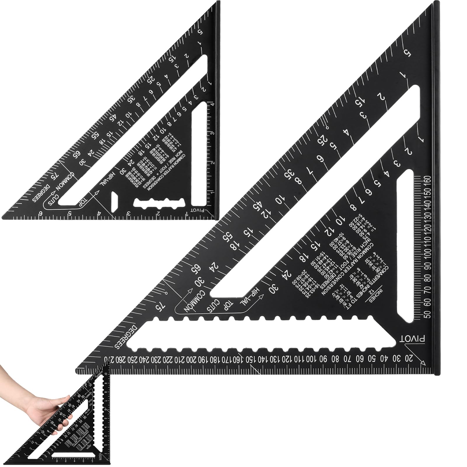MAKTSAM 2 PCS Rafter Square Metric, 12 Inch and 7 Inch Aluminum Alloy Thickened 90 Degree Triangle Ruler, Carpenters Speed Square for Woodworking Angle Measuring