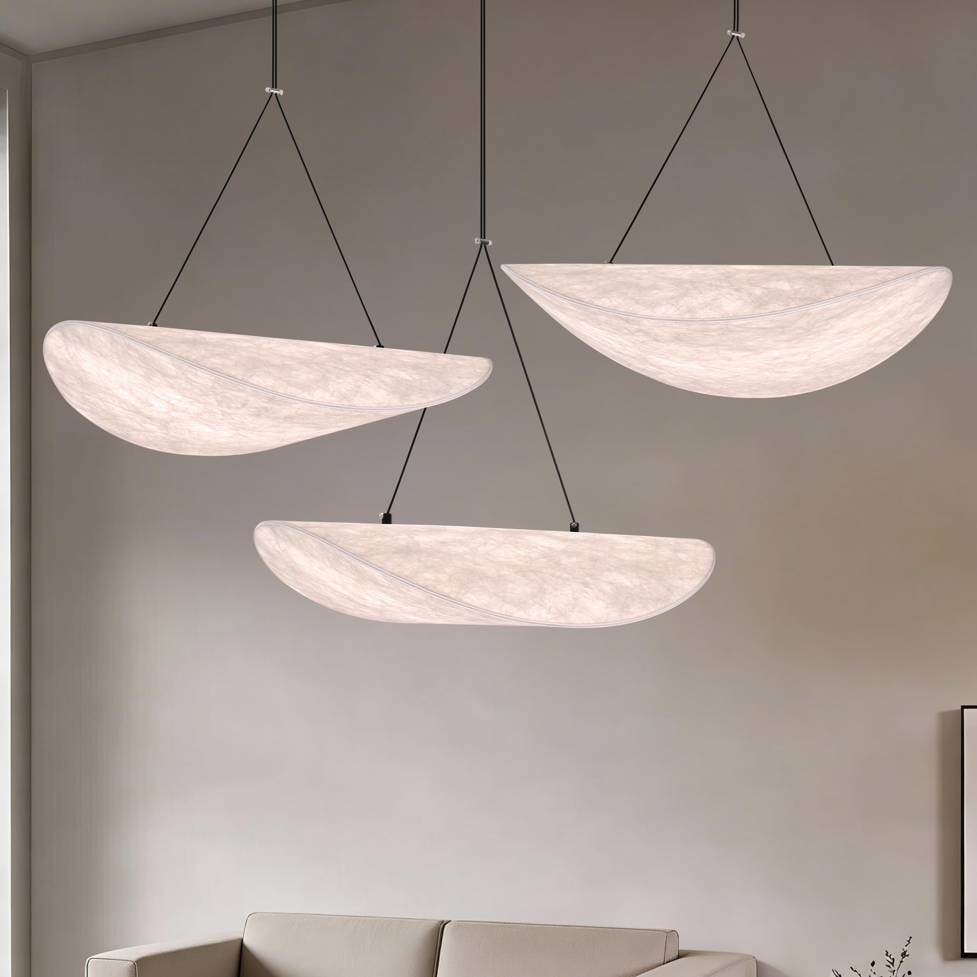Modern LED Pendant Light Japanese Silk Wabi Sabi Hanging Lamp for Kitchen Island,Living Room,Bedroom Sailboat Design Dimmable with Remote Control & Memory Function Lighting Fixture (31.5 Inch)