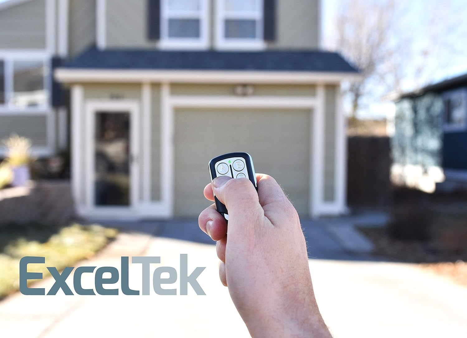 Diagram highlighting features of the ExcelTek remote: Security+ rolling code, LED indicator, rugged case, sliding cover, reinforced keychain hole, small and lightweight.