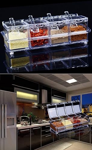 Miniatura 8 de LZYLL Caja de condimentos con cuchara, 4 compartimentos, multirejilla, contenedor de almacenamiento de especias, herramienta de almacenamiento para