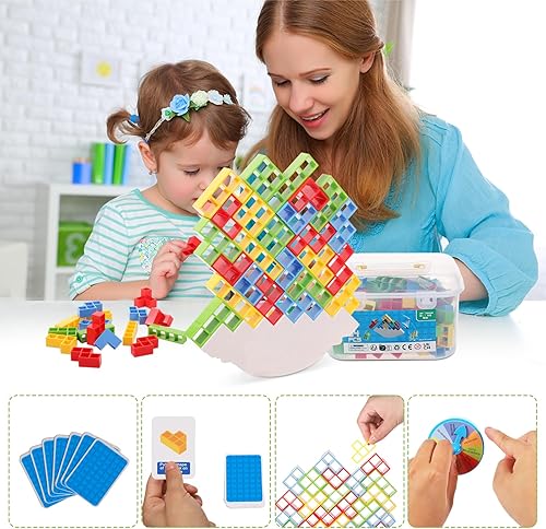 Miniatura 5 de Juego de 64 bloques apilables de equilibrio de torre, juego de apilamiento de bloques de equilibrio multicolor, juegos de mesa de torre para niños,