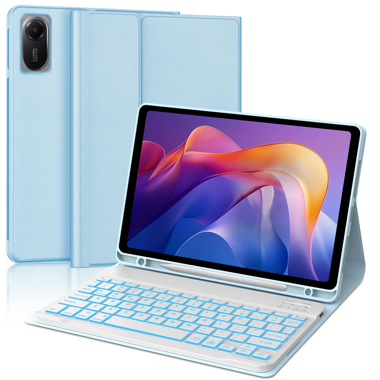 Keyboard Case for Xiaomi Redmi Pad 2 11 Inch 2025 & Redmi Pad SE 11 Inch 2023 Case with Backlit Keypad, Detachable Wireless Keyboard Cover with 7 Colors Backlight, Pen Holder, Long Battery Life, Blue Sky Blue, Backlit