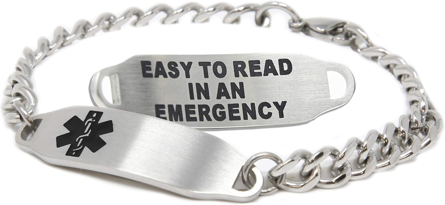 Medical Bracelet With Free Engraving, Stainless Steel and Identification Card, Curb Chain Alert Made In USA