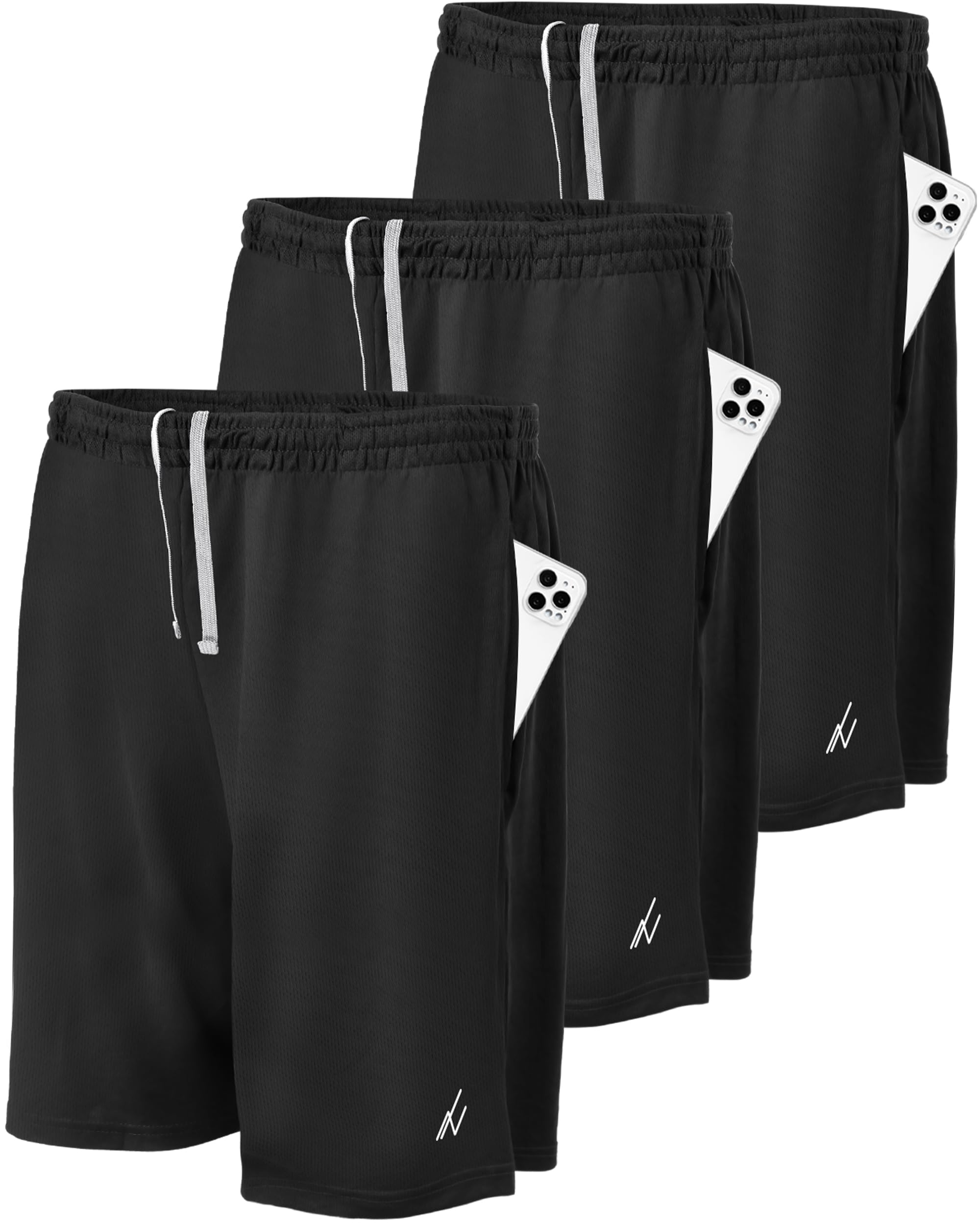 NY Threads 3 Pack Mens Athletic Shorts Quick Dry Lightweight Workout Running Gym Shorts with Pockets, Medium, Black/Black/Black