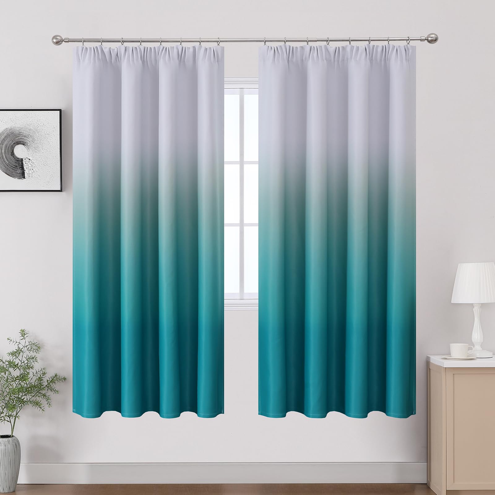 Ombre Teal e bianco arricciato, 183 cm, tenda termica per soggiorno, gradiente, set da 2 tende per camera da letto, altezza 183 x larghezza 132 cm