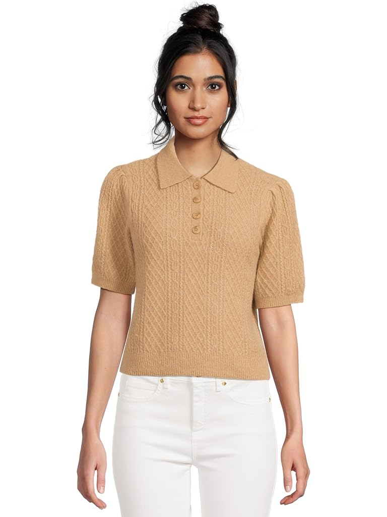 Brown Lilla P Mixed Stitch Elbow Sleeve Polo