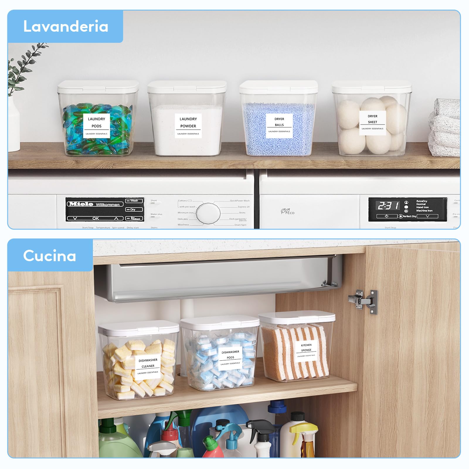 Lifewit Contenitore Detersivo Capsule di Detersivo per Bucato, Dispenser Detersivo Lavatrice in Plastica, Dispenser Sapone e Lozioni Commerciali con Etichette e Cucchiai, 2700 ml, 2 Pezzo
