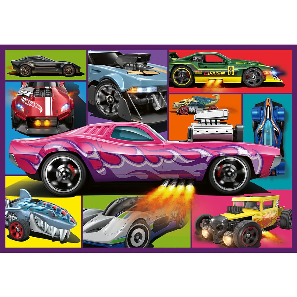 Trefl - Puzzle 4w1: Hot Wheels, Wyścigowe Auta - 4 x 250 Elementów - Zestaw Czterech Układanek dla Nastolatków