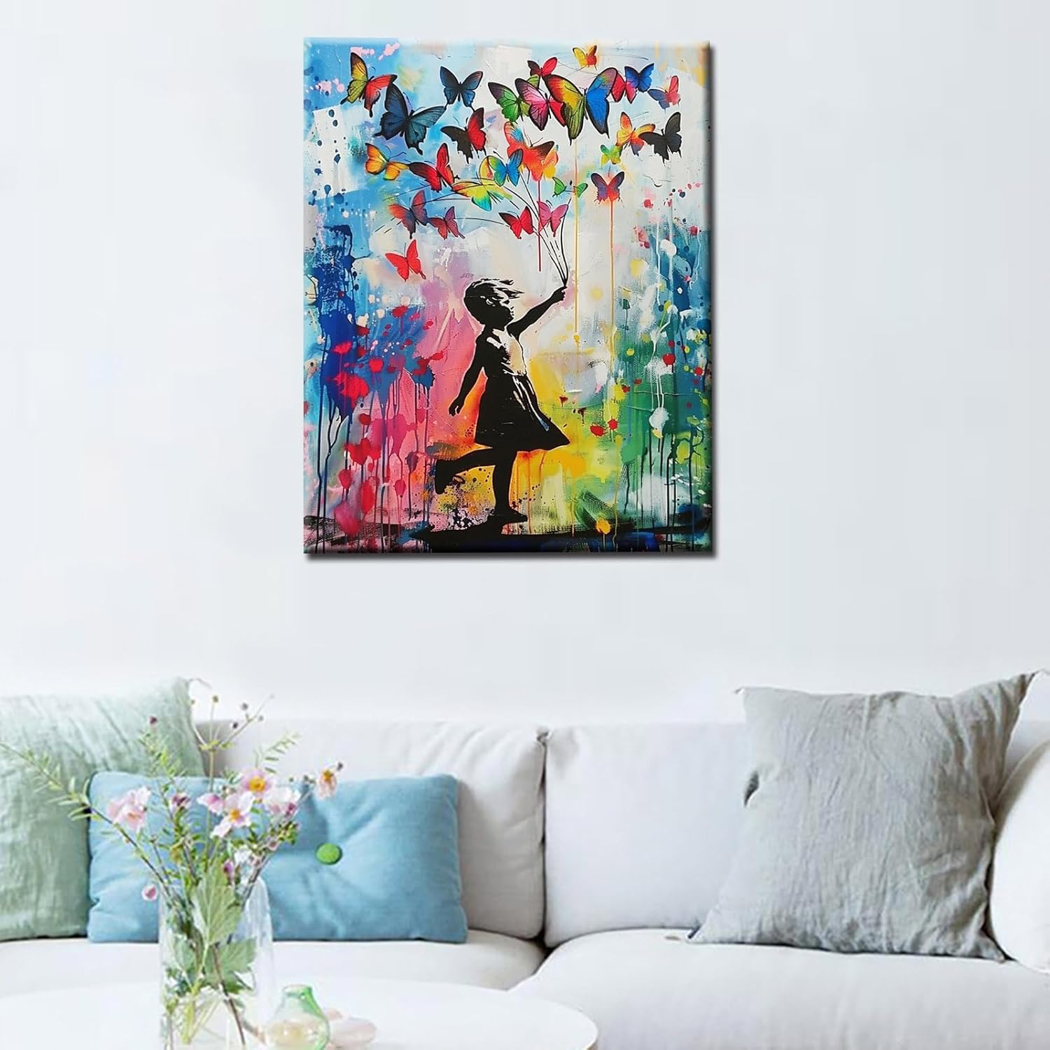 Tucocoo Colorful Butterfly DIY Paint by Numbers Kits with Brushes and Acrylic Pigment on Canvas Painting for Adults, Banksy Street Little Girl Artwork for Home Decor Gifts 16''x20'' (DIY Framed)