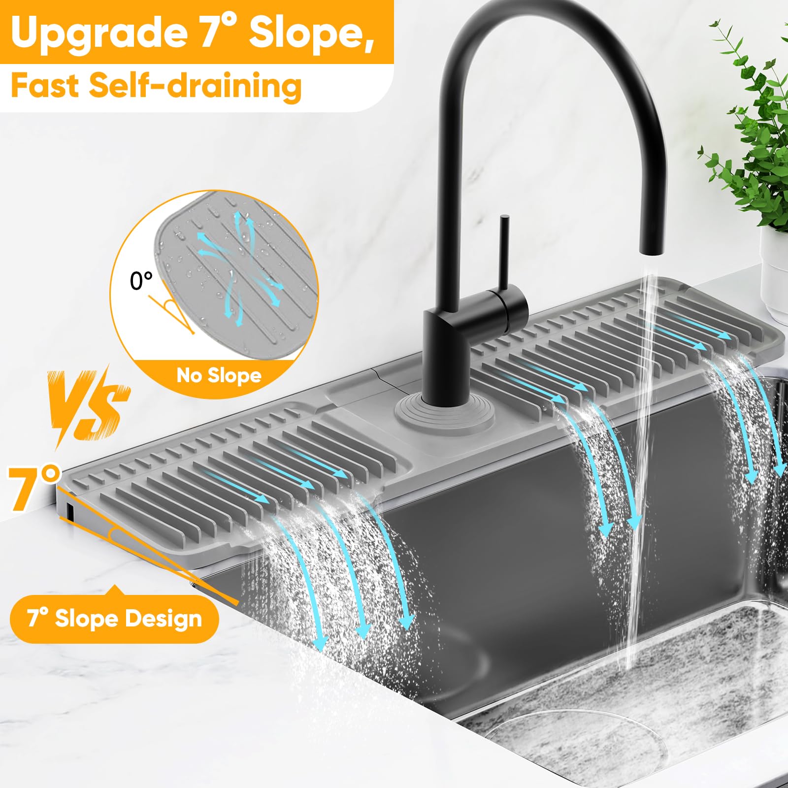 24 Longer Faucet Mat for Kitchen Sink Splash Guard 7 Slope Fast Self-draining Snap Lock Fit Kitchen Sink — view 3