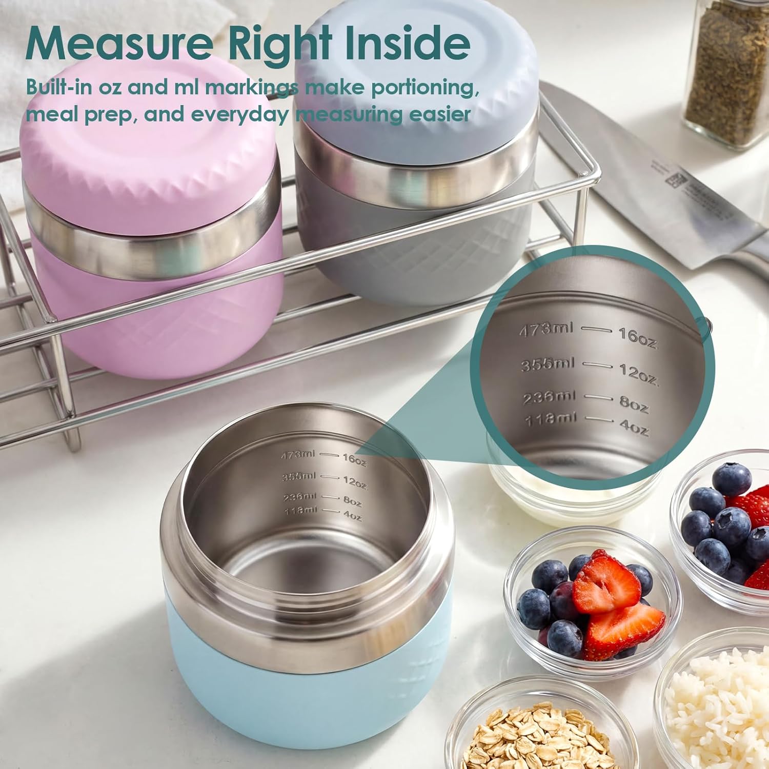24 oz Insulated Food Jar for Hot & Cold Food, 18/8 Stainless Steel Lunch Container with Leakproof Lid, Wide Mouth Soup Jar with Silicone Sleeve, Measurement Marks, Dishwasher Safe, Black