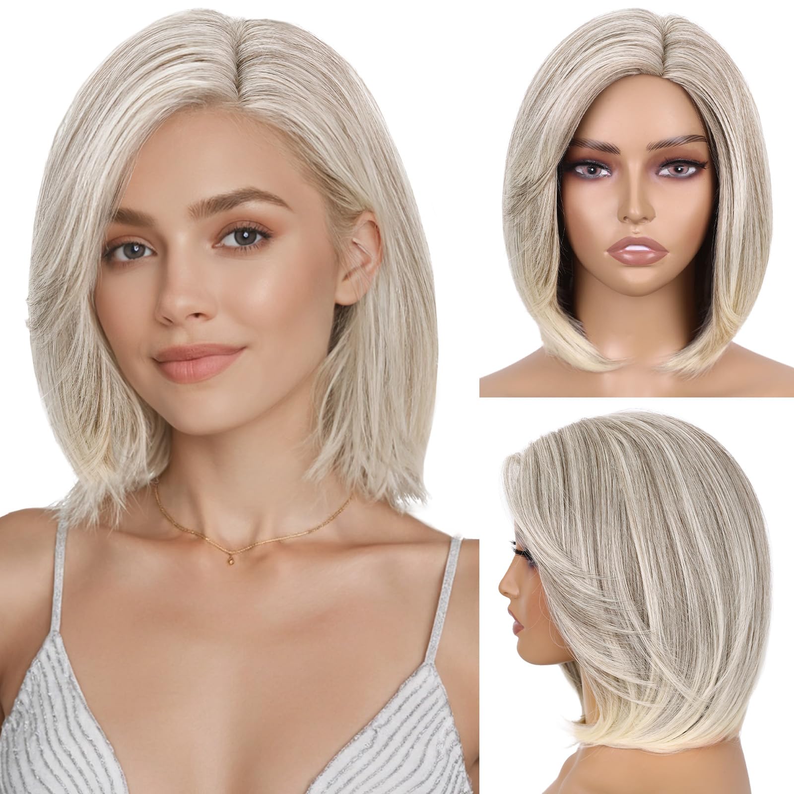 HANNE Ash Blonde Wig 12 Inches Blonde Bob Wigs for White Women Synthetic Layered Wig Highlights Wigs for Daily Use