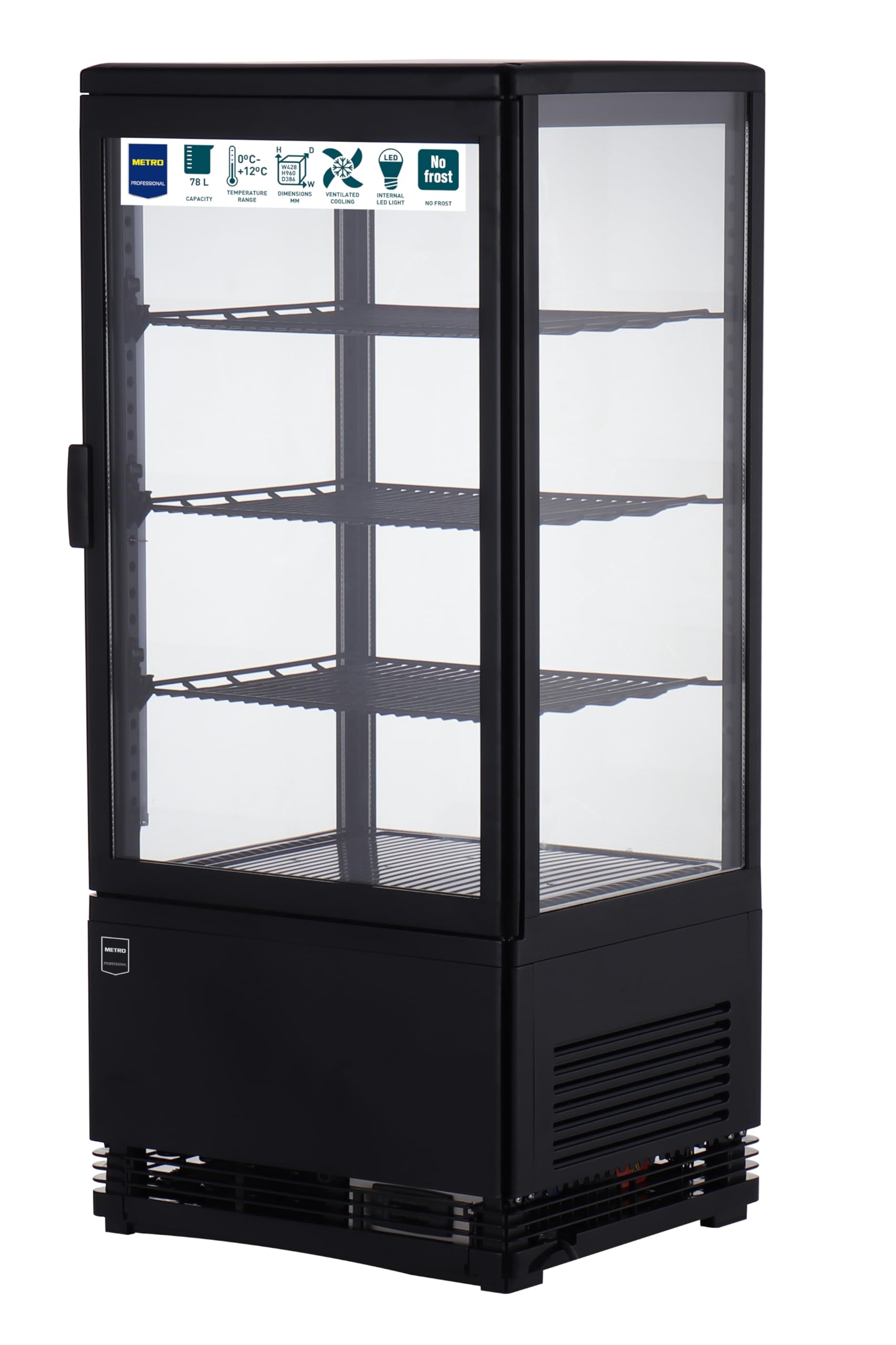 METRO Professional Vitrine Réfrigérée GGC2078B, Plastique/Verre, 42,8x38,6x 96 cm, 78 l, Froid Ventilé, Clayettes Réglables, Verre de Sécurité, Noir