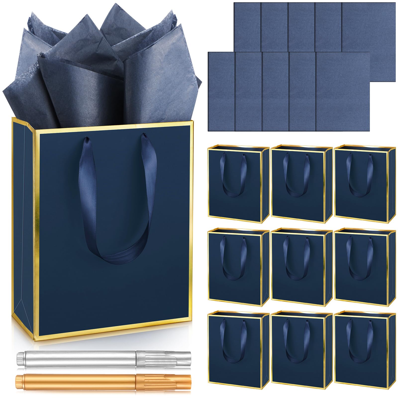 Yeaqee 10 Pack Metallic Paper Gift Bags with Handle Tissue Paper Thank You 5 Senses Gift Bag for Birthday Wedding Baby Shower Groomsmen Bridal Graduation Party Favor 9 x 7 x 3.15''(Navy Blue, Gold)