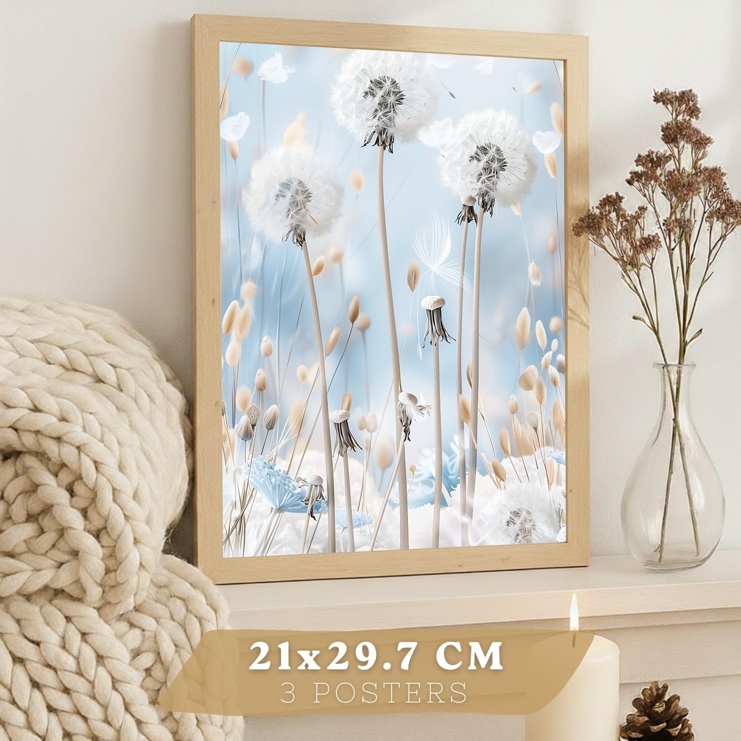 Nacnic Set De 3 Laminas Decorativas Floral Azul Cuadros Salon Modernos - Posters Decorativos Azules Decoración Dormitorios. A3 Marco Madera Clara