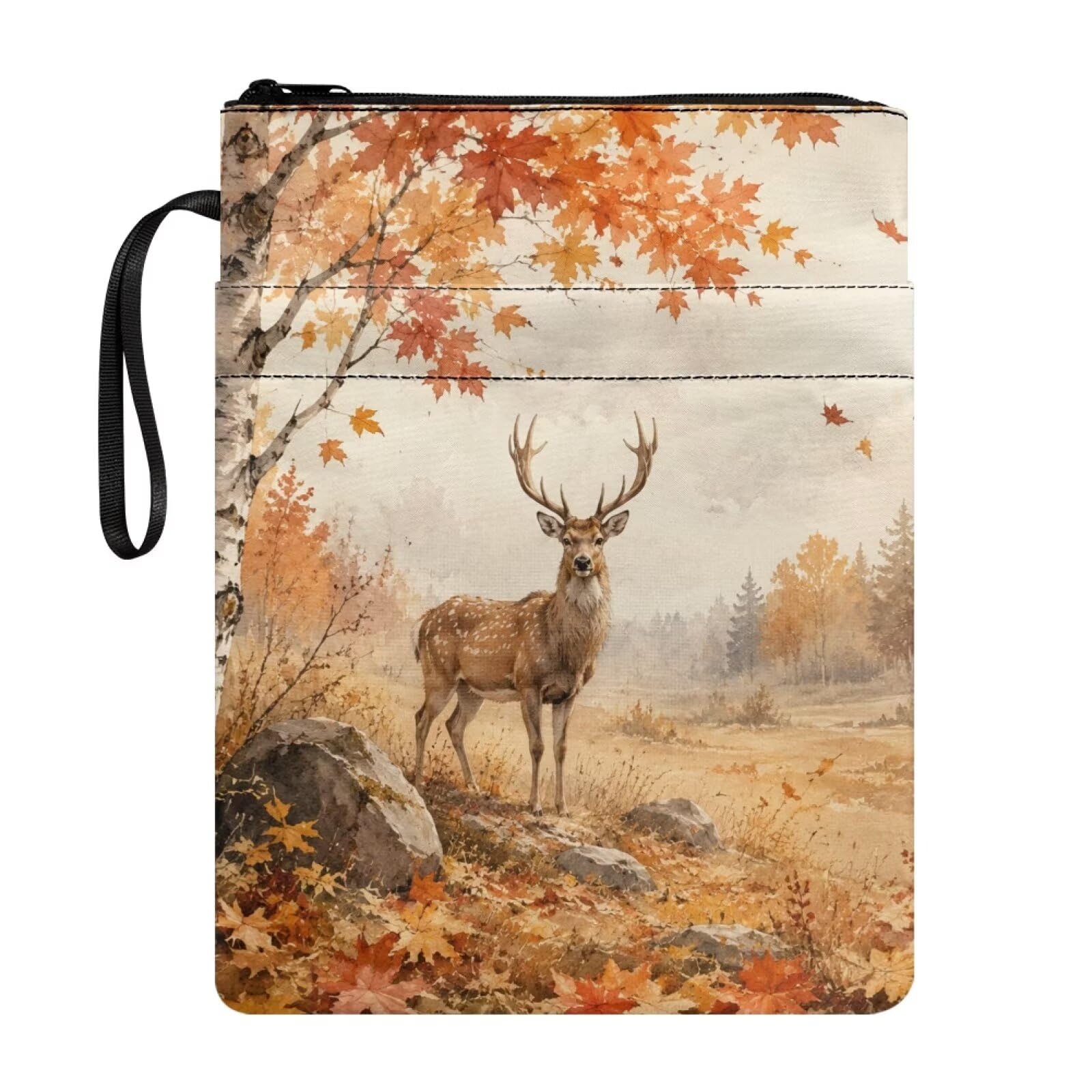 Poceacles Book Sleeve Pouch with Extra Pockets and Zipper, Protective Paperback Hardcover Book Covers, Reading Accessories for Fall Decor, Deer Autumn Forest Pattern
