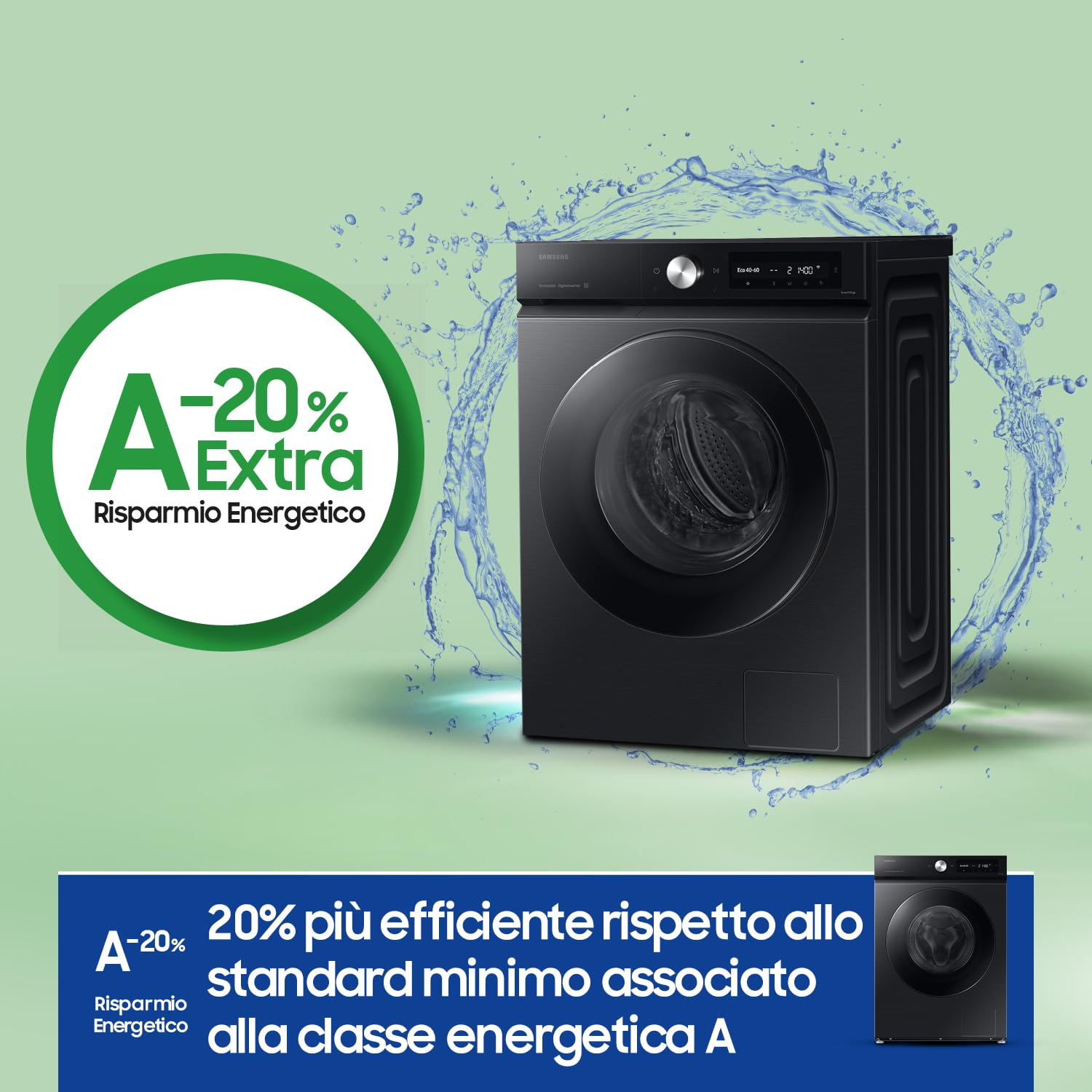 Samsung Lavatrice BESPOKE AI WW90DB7U94GB/U3 Libera installazione, 9 Kg, Ecodosatore, Super Speed, AI Wash, Corpo: Nero, Oblò: Nero, 60l x 85h x 60p cm