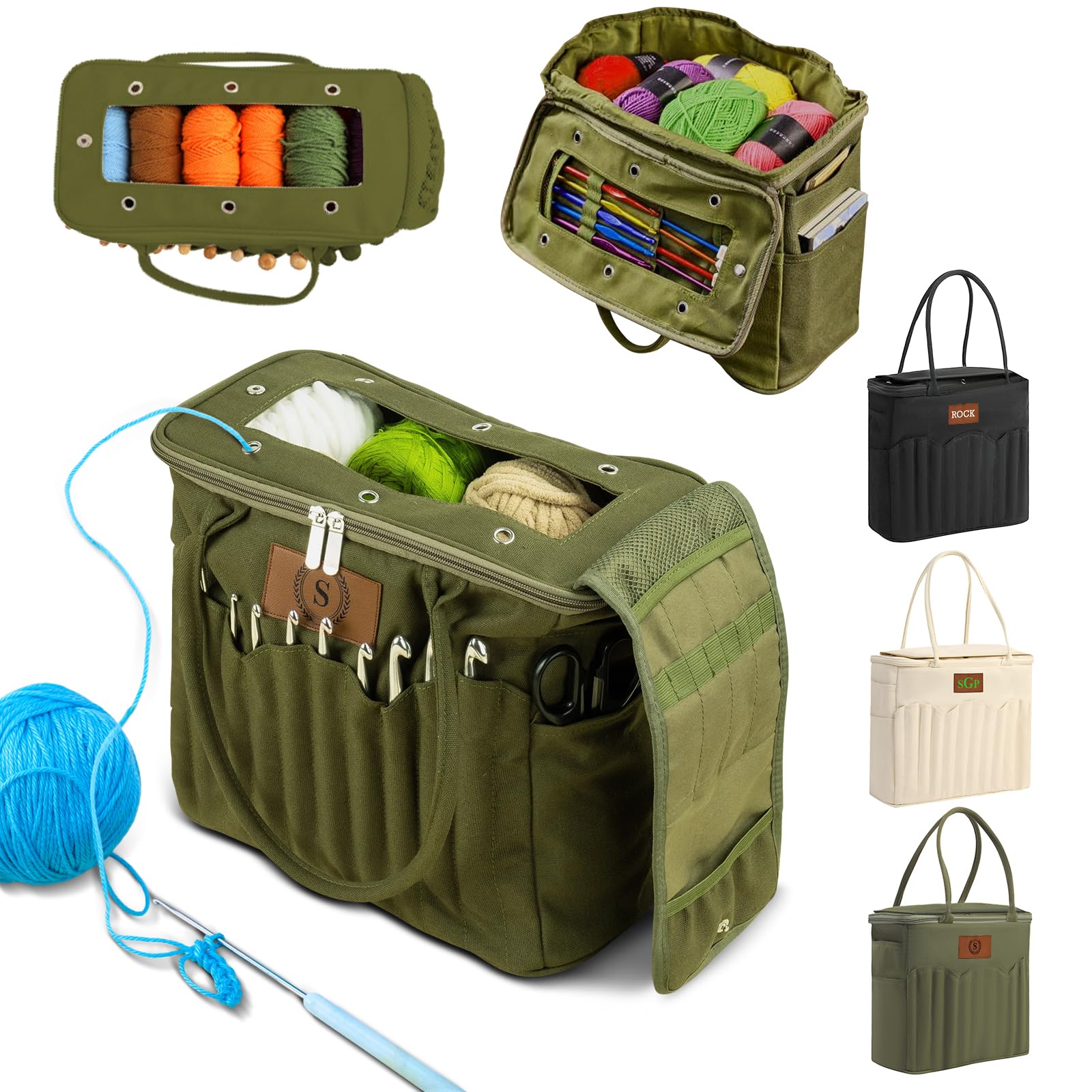 Personalisierte Häkeltasche Name, Stilvolle Garn Tasche Projekte, Leinwand Organizer Mehrere Taschen Löcher, Strick Geschenk Liebhaber Oma Mama