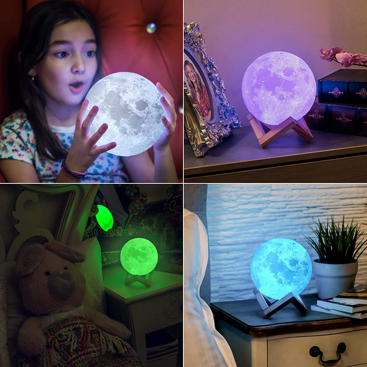 Lámpara de luna Luz nocturna de galaxia Impresión 3D Temporizador regulable Luz de luna 16 colores con soporte y control remoto y táctil y recargable por USB, regalo de cumpleaños para bebés, niños,