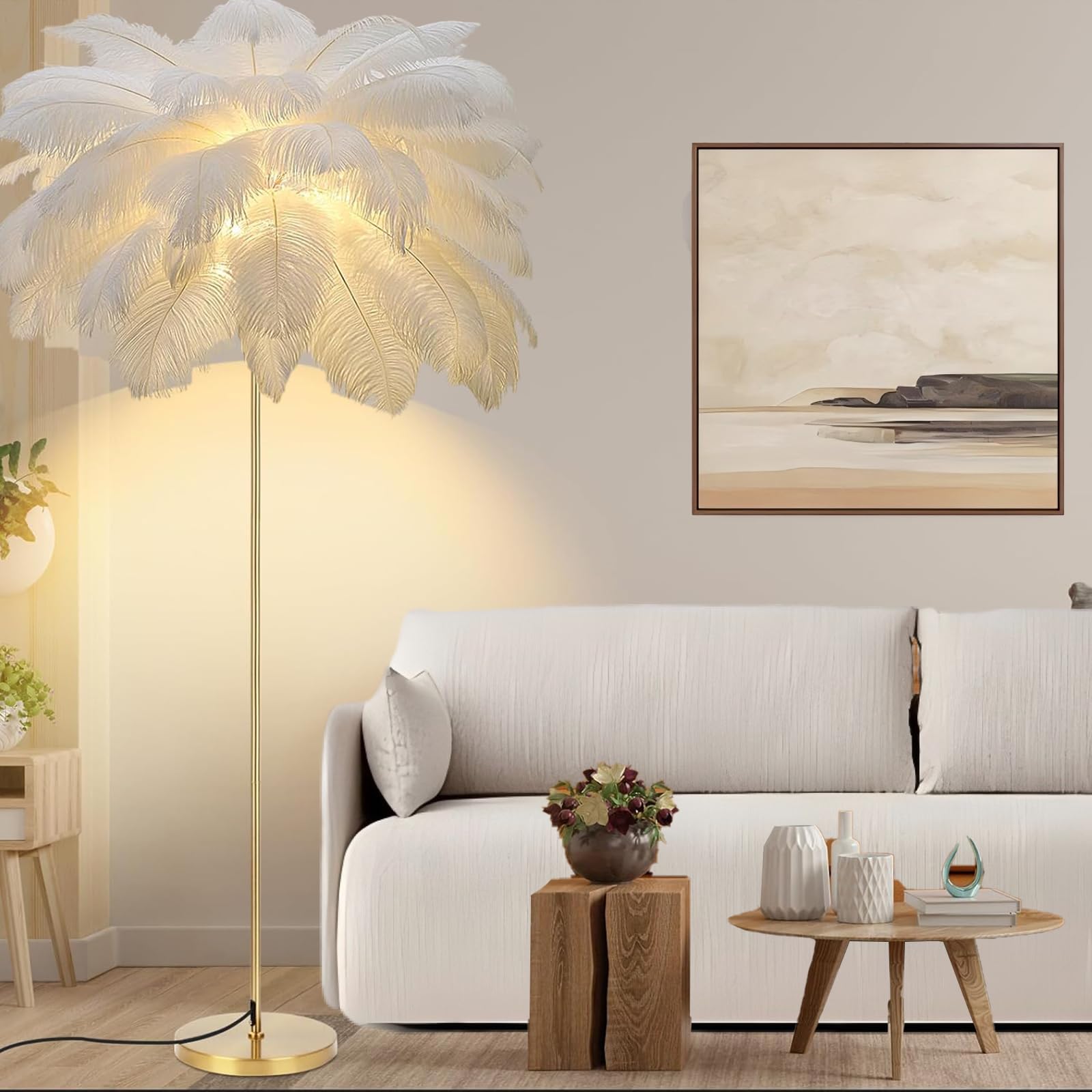 Nowoczesna lampa z piórami, 160 cm lampa podłogowa z piór strusich, 3 kolory z regulowaną jasnością, do salonu, czytelni, sypialni