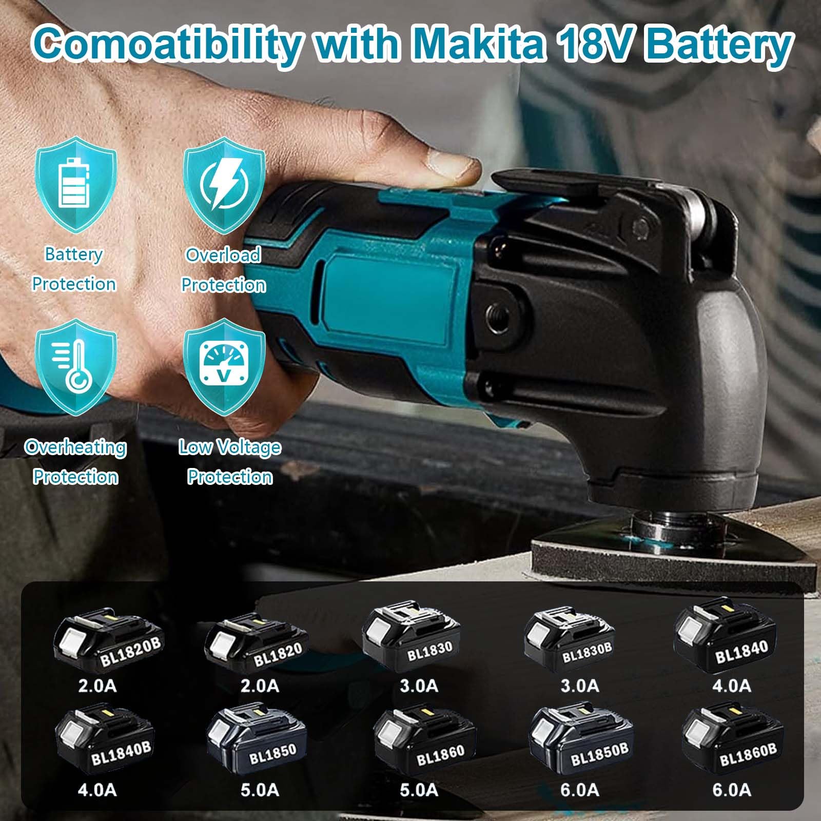 Utensile Multifunzione Oscillante,Strumento Multifunzione a Batteria 8500-22000RPM,6 Velocità Regolabili,4° Angolo di Oscillazione, Utensile Oscillante con 2 Batteria Per Raschiatura,Taglio,Lucidatura