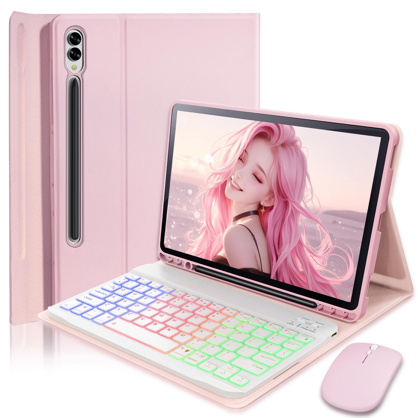 Photo 1 of Case Keyboard for Samsung Galaxy Tab S10+ Plus / S9 FE+ Plus / S9+ Plus / S8+ Plus / S7 FE / S7+ Plus 12.4 inch - 7 Color Rainbow Backlit Magnetic Keyboard with S Pen Holder with Mouse - Pink