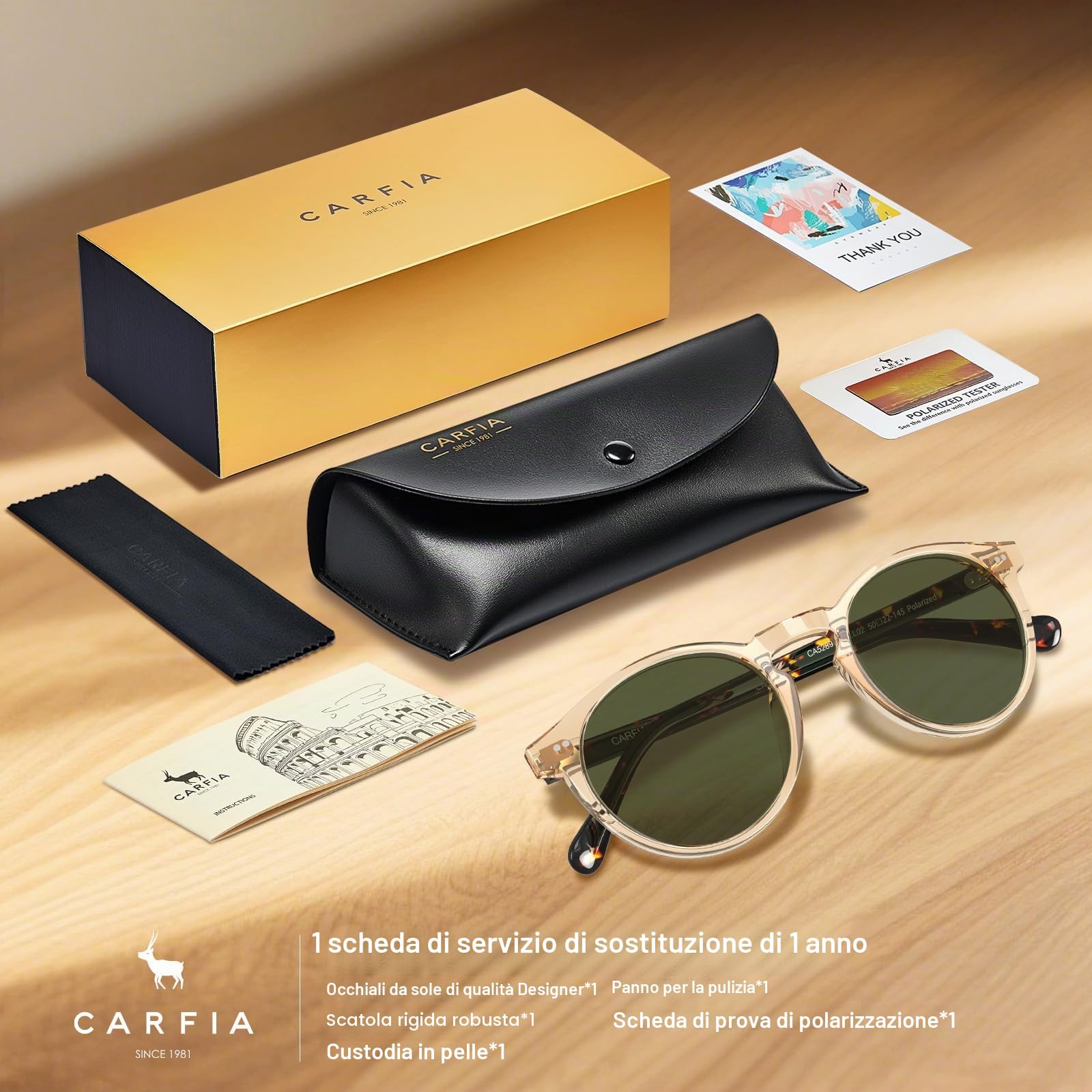 Carfia Retro Occhiali da Sole Uomo Polarizzati UV400 Protezione Rotonda Cornice in Acetato CA5289