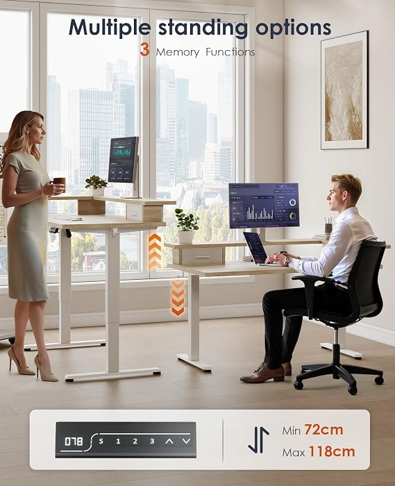 OffiGo Standing Desk with Drawers & Monitor Stand, USB Port, 120cm Beige | Electric Height Adjustable Sit Stand Desk with Storage, Ergonomic Computer Workstation for Home Office, Study and Bedroom