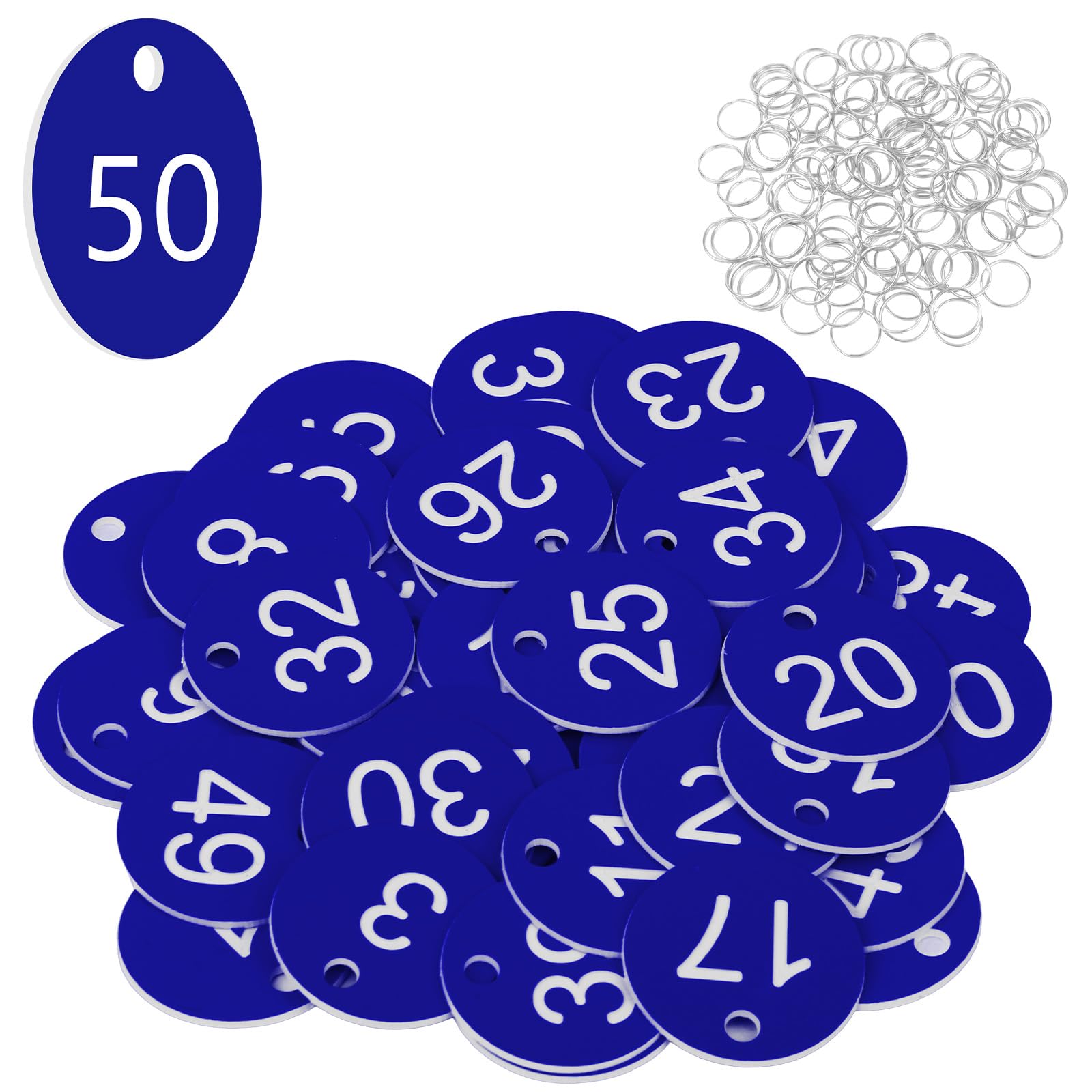 Flintronic 50 PCS Plastic Number with Key Rings, Engraved Numbered Tags, Plastic ID Tag Table Numbers, Discs Number-Tags for Office, Hotel, Mailbox, Dormitory (1-50, Deep Blue)