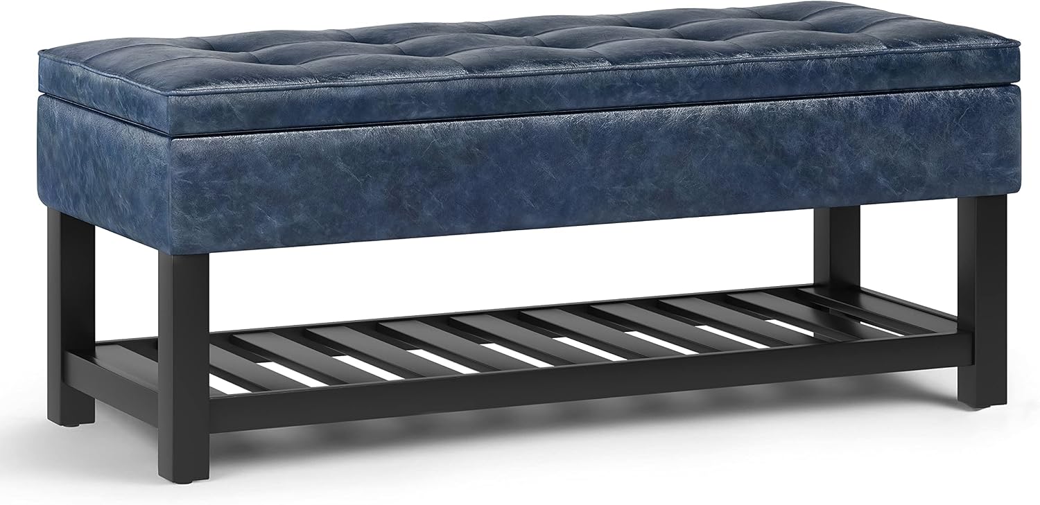 SIMPLIHOME Cosmopolitan 44 inch Wide Transitional Rectangle Storage Ottoman Bench with Open Bottom in Denim Faux Leather, for Living Room, Bedroom