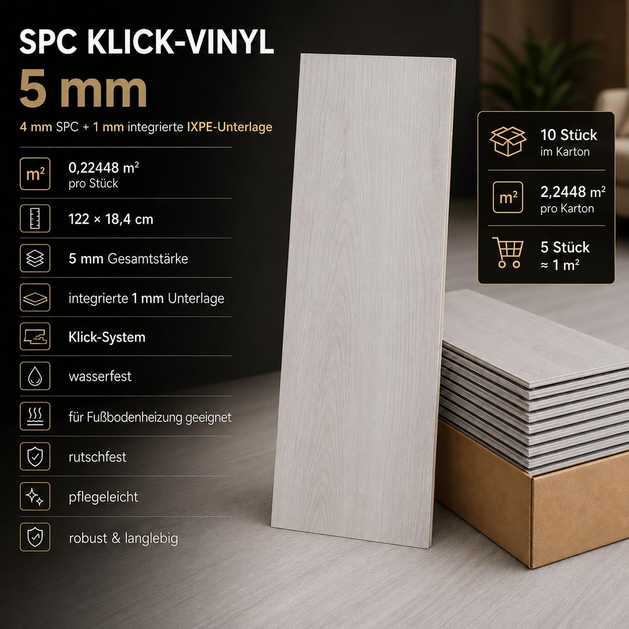 Klick - Pavimento in vinile rigido SPC, decorazione per piastrelle, impermeabile, 4 mm + 1 mm, isolamento per riscaldamento a pavimento (Mons Maple, Box 2,25 m²)