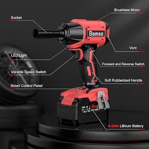 Miniatura 9 de Bamse - Llave de impacto inalámbrica de 12 pulgada, pistola de impacto eléctrica sin escobillas con 2 baterías, 3200 RPM y par máximo de 480
