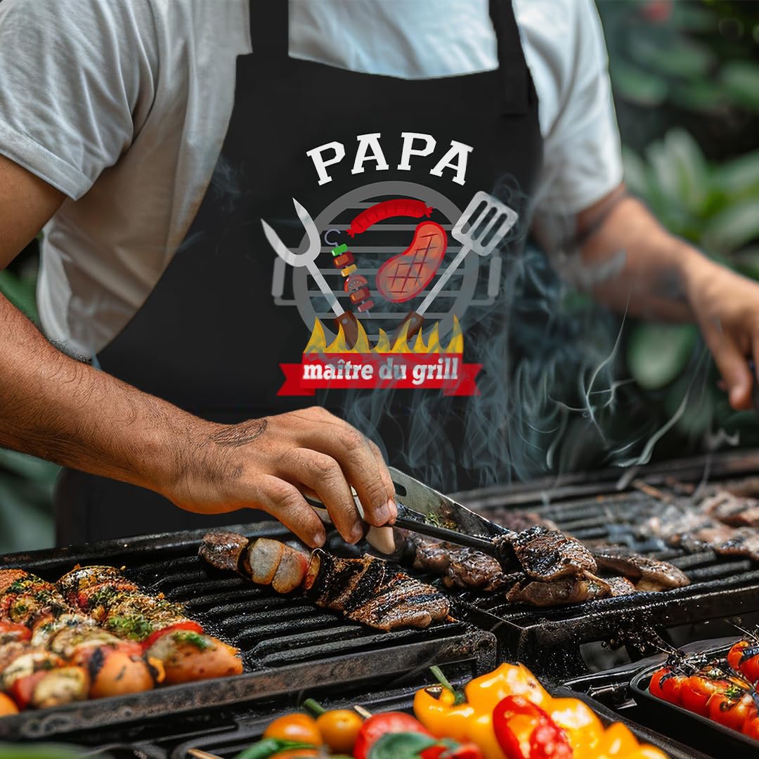 Tablier Cuisine Personnalisé Homme, Tablier Professionnel Rigolo Humour Bbq Barbecue Coton Noir Réglable, Tablier de Cuisine Cadeau Fete Des Peres Saint Papa Noel Valentin