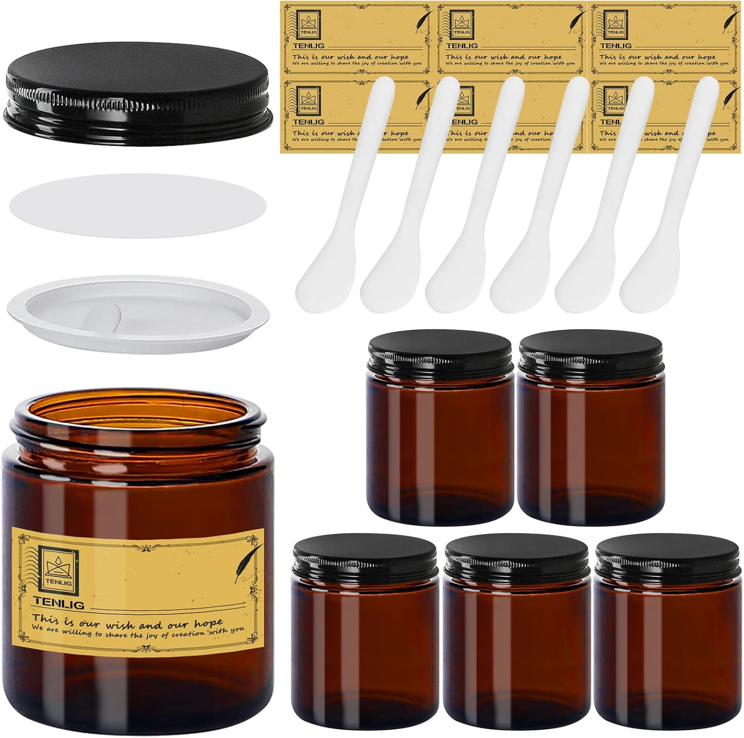 8 oz Glass Jars with Lids,Amber,6 Pack Empty Cosmetic Containers with Inner lids and Inner Liners,Black Metal Lid,Refillable Round Airtight Jars,Use to store Lotion,Powders,Candle Making